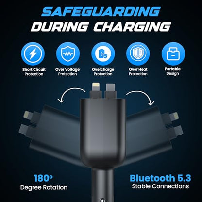 Bluetooth 5.3 Car FM Transmitter with 120W Max Power, Retractable Cables (80cm), Digital Display, Hands-Free Calling, Noise Canceling, and Dual Device Charging