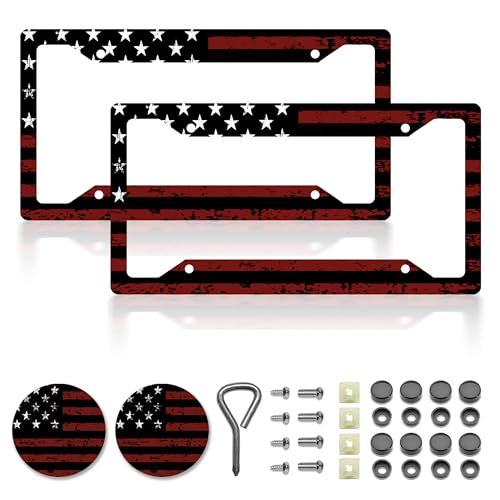 Black Red American Flag License Plate Frames, American Flag Car Accessories for Women & Men，US Car Plate License Plate Holder，Aluminum License Plate Frame Fits Standard Vehicles Size 12.2 x 6 Inch - color: Red Black-2pcs