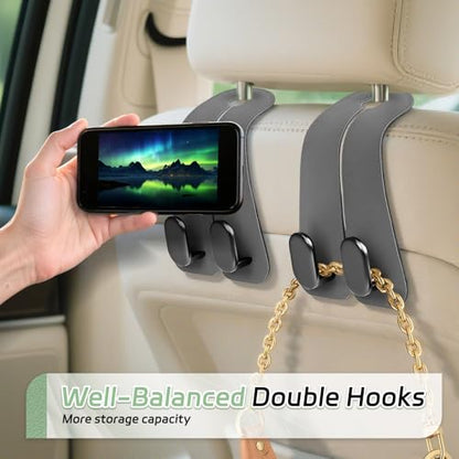 Car Seat Headrest Hooks - 2 Pack Universal Car Purse Hook, Leather Car Bag Purse Holder with Double Metal Hooks for Handbags, Grocery Bags, Bottles, Phones - color: Gray