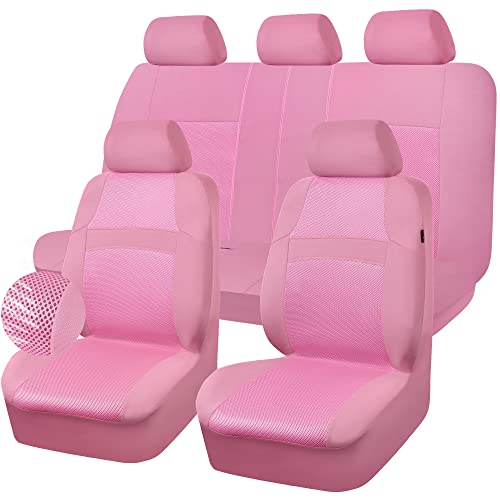 CAR PASS Pink Car Seat Cover Full Sets, Air Breath in Summer Mesh Seat Cover 5mm Sponge Airbag Composite, Cute for Women Girly, Universal Fit SUV, Vans, sedans,Trucks, Automotive Interior All Pink - color: Pink, size: Full Sets