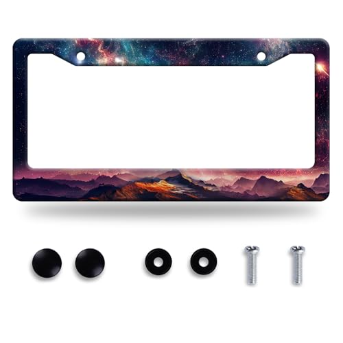 Mountain License Plate Frame Colorful Starry Sky Galaxy License Plate Stainless Steel Funny License Plate Holder Men Women Mountains Car Accessory Decoration 12.3" x 6.3" - color: Galaxy and Mountains