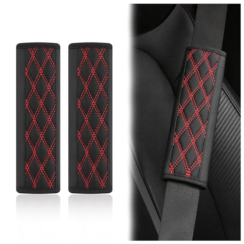 2PCS Car Seat Belt Cover Pads,Leather Seatbelt Covers Protect Shoulder and Neck Car Accessories Interior,Universal Car Seat Strap Pads Car Decorations for Most Cars Trucks (Black/Red) - color: Black/Red