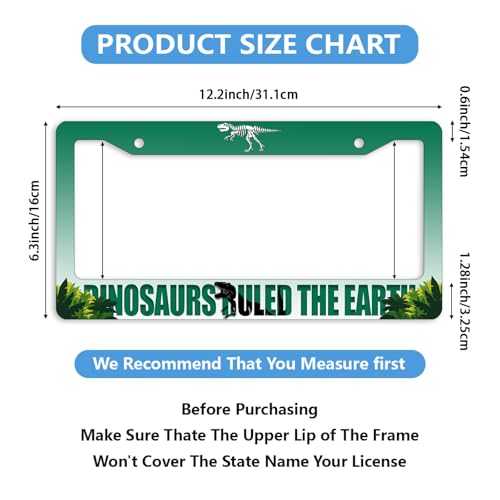 Dinosaur License Plate Frame Green Jurassic Dino Jungle T-Rex Personalise Stainless Steel Funny Design Compatible with Standard License Plate Holder for USA and Canada 6.3 x 12.2 in - color: Dinosaur, size: 6.3 X 12.2 In-1PC