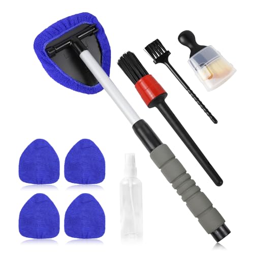 wuyaoyao 14PCS Car Windshield Cleaning Tool, Car Glass Wiper Kit with Window Cleaner, Microfiber Pads, Spray Bottle, Extendable Handle, Interior Detailing Dust Brush, Car Cleaning Supplie (Blue) - color: Blue