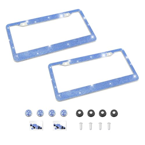 Bling 2PCS Car License Plate Frame, Handcrafted Crystal Stainless Steel License Plate Frame, Sparkly, Durable, Universal Fit, Car Accessories for Girls, Women (Dark Blue) - color: Dark Blue, size: 2PCS