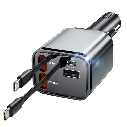 84W Upgraded Retractable Car Charger Adapter for iPhone 17,4 in 1 Fast Charging Car Phone Charger,USB C Car Truck Accessories,Road Trip Essentials Gift for Men for iPhone 17/16/15,Galaxy S26,Pixel 10 - size: 84w Cord for 2 Type-c(upgraded )