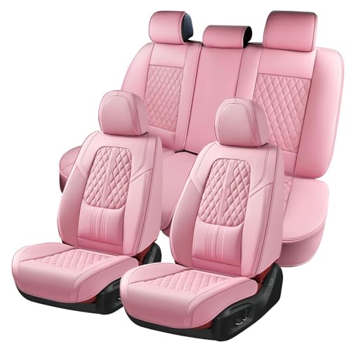 Coverado Car Seat Covers Full Set, Automotive Front and Rear Seat Covers with Backrest, Nappa Leather Car Seat Protectors Waterproof, Universal for Most Vehicles, Pink - color: 8879Pink(Lumbar Support), size: FullSet