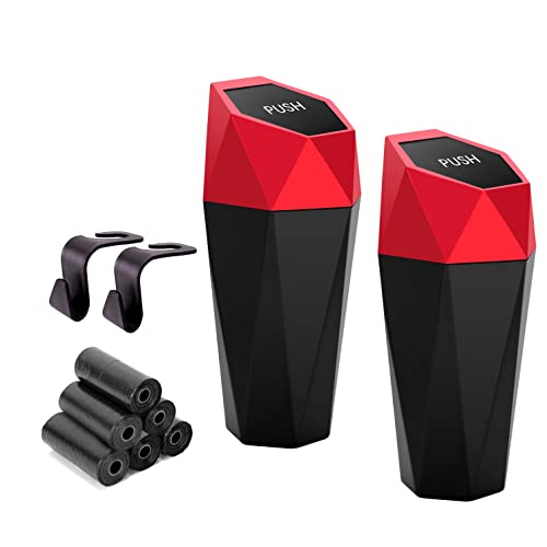 Ginsco Car Trash Can Cup Holder, 2 Pack Mini Car Trash Can with Lid, Car Accessories for Interior, Leakproof Small Trash Cup for Car, Home with Additional 2 ABS Hooks and 90pcs Trash Bags Red - color: Red, size: 600ml x 2