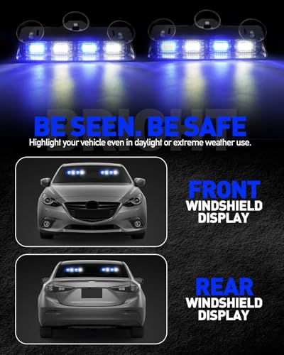 HLauto 2002L Emergency Dash Strobe Lights: Blue White Safety Lights, Flashing Warning Hazard Windshield Visor Traffic Light Bars for Trucks, Construction Vehicles (2x8.5 inch, 48LED) - color: Blue/White