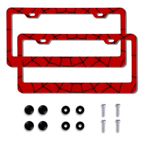2pcs License Plate Frame Red Spider Web Pattern Aluminum Alloy License Plate Covers Comes with Screw caps Cover Set - color: Red Spider Web