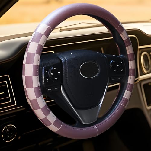 Women Checkered Steering Wheel Cover,Breathable Non-Slip PU Leather Universal 15 Inch Steering Wheel Protector,Fashion Checkerboard Car Interior Car Accessories SUV Truck Men - color: Brown