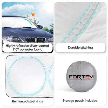 FORTEM Car Sun Shade for Windshield, Reflective Windshield Sunshade, 240T Polyester, Automotive Interior Sun Protection, Ultimate Heat and UV Shield, Foldable, Storage Bag - size: Medium (62" x 30")