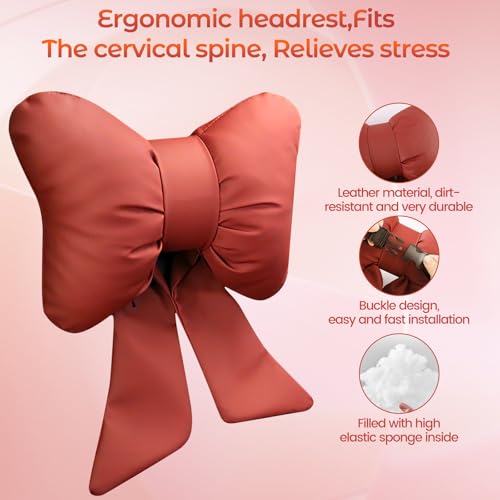 2 Pcs Red Bow Car Neck Pillows Softness Car Headrest Pillow for Driving With Adjustable Strap Leather Material Wear-Resistant and Dirt-Resistant Perfect Choice for Both Beauty and Comfort - color: Wine Red