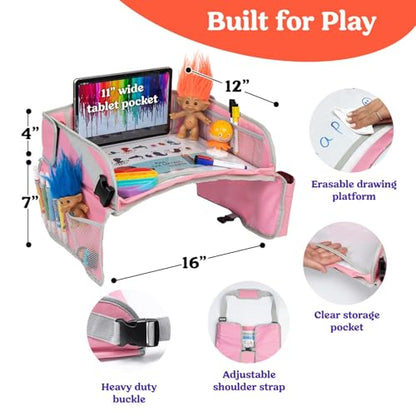 PILLANI Kids Travel Tray for Car Seat - Carseat Tray w/ iPad Holder & Dry Erase Board, Road Trip Activities - Toddler Lap Desk Organizer for Airplane - Roadtrip & Travel Essentials - Pack of 2, Pink - color: 2-pack Pink