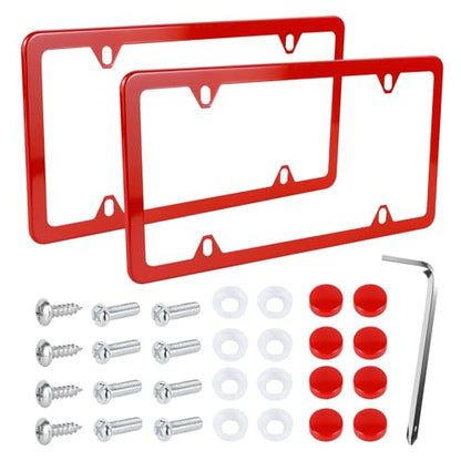 Wuyaoyao 2PCS Car License Plate Frames, 4 Holes Stainless Steel License Plate Frame, Slim License Plates Cover Holder with Screws Bolts Caps Washers, Universal Exterior Car Accessories (Red) - color: Red