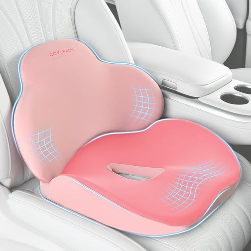 Coverado Car Seat Cushion and Lumbar Support Pillow, Memory Foam Ergonomic Back Support Driving Seat Cushion for Sciatica, Tailbone, Back Pain, Non-Slip Washable Cushion for Car, Driver, Office - color: Pink, size: 2 Peices