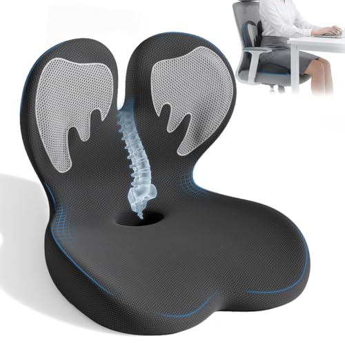 Memory Foam Seat Cushion,Orthopedic Ergonomic Seat Cushions for Tailbone,Sciatica, and Back Pressure Relief,L-Shaped Design & Adjustable Strap,Lumbar Support Pillow for Office,Car,Desk Chair - color: Black Grey