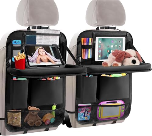 Car backseat organizer,with tablet holder, 6 storage pockets, foldable food tray, car seat back protectors kick mats, travel accessories, black (2)
