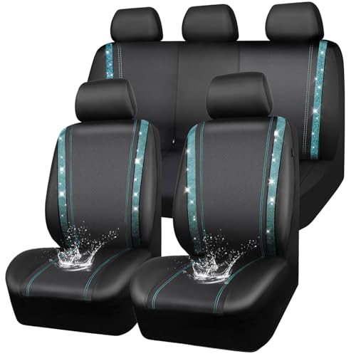 CAR PASS Bling Car Seat Covers Full Set, Shining Rhinestone Diamond Waterproof Faux Leather Universal Fit 95% Automotive Glitter Crystal Sparkle Strips for Cute Women Girl, Full Set (Mint Diamond) - color: Mint Diamond, size: Full Set