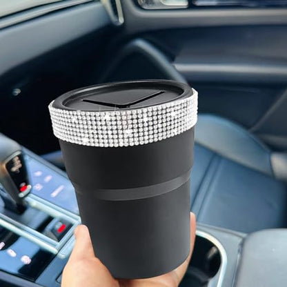 INSTOME Bling Car Trash Can with Lid，Bling Car Change Holder with Lid,Mini Trash Can Cup Holder in Console Pocket Dustbin Cans Portable for Car, Home, Office - color: silver