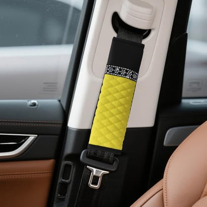 wuyaoyao 2PCS Bling Car Seat Belt Cover Pad, Breathable Leather Seatbelt Covers for Cars, Soft Comfortable Seatbelt Shoulder Strap Covers, Rhinestone Auto Seat Belt Protector Cushion (Yellow) - color: Yellow