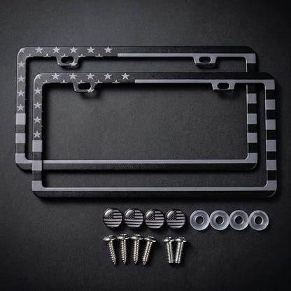 American Flag License Plate Frames - 2 Pack USA Flag Patriotic Stainless Steel Black License Plate Frame with Screws Fasteners Caps (Gunmetal) - style: Gunmetal
