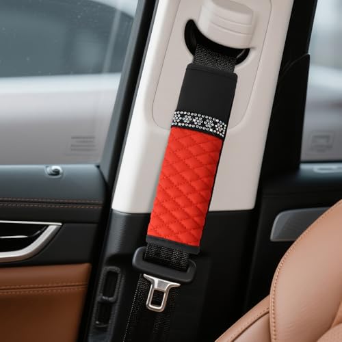 wuyaoyao 2PCS Bling Car Seat Belt Cover Pad, Breathable Leather Seatbelt Covers for Cars, Soft Comfortable Seatbelt Shoulder Strap Covers, Rhinestone Auto Seat Belt Protector Cushion (Red) - color: Red