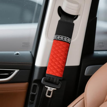 wuyaoyao 2PCS Bling Car Seat Belt Cover Pad, Breathable Leather Seatbelt Covers for Cars, Soft Comfortable Seatbelt Shoulder Strap Covers, Rhinestone Auto Seat Belt Protector Cushion (Red) - color: Red