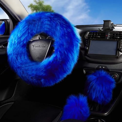 Yontree Fashion Fluffy Steering Wheel Covers for Women/Girls/Ladies Australia Pure Wool 15 Inch 1 Set 3 Pcs (Blue) - color: Blue, size: Long Wool