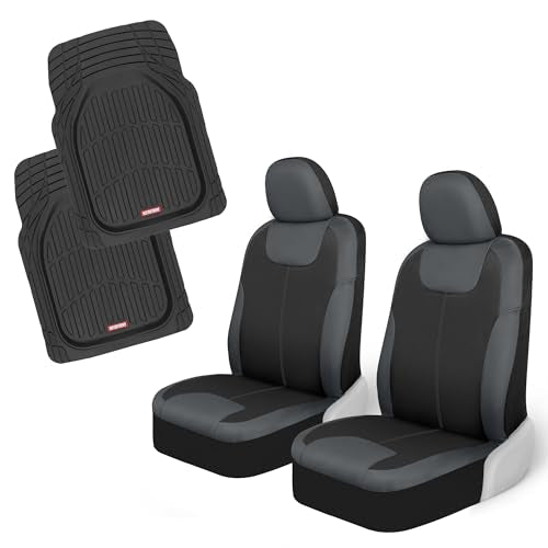 Motor Trend 2 Waterproof Front Seat Covers + 2 Trimmable Floor Mats – Universal Fit Car Interior Combo Set for Cars, Trucks, SUVs & Vans – All-Weather Protection for Vehicle Seats & Flooring - color: Gray Front Seats & Black Mats