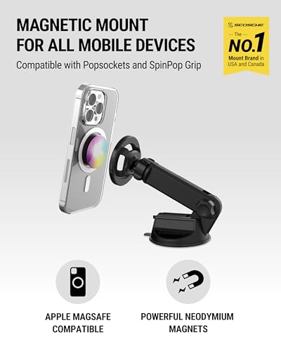 Scosche MagSafe Car Mount, Suction Cup Magnetic Windshield/Dashboard Cell Phone Holder with Vent Clip & Adjustable Flip Arm Compatible with PopSockets Grips, iPhone 16/15/14/13/12, Samsung Galaxy - size: 1 Pack, style: Vent / Window / Dash Extendo Suction