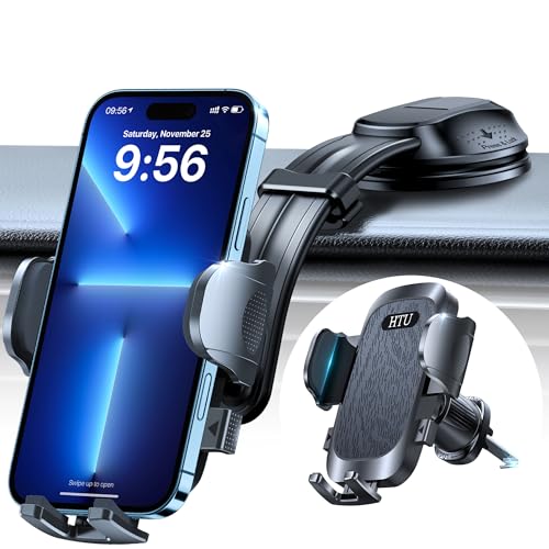 HTU Upgraded Strongest Suction Car Phone Holder Bendable Arm, Never Block View Rotatable Cellphone Mount for Dashboard Windshield Vent, Cradle Stand for iPhone 17 16 15 14 13 12 Pro Max (Black) - color: Black