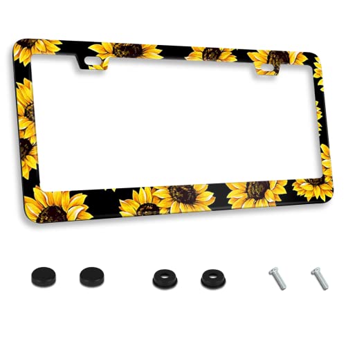 Sunflower License Plate Frame Stainless Steels Yellow Sunflowers Car Tag Holder Frames with 2 Holes and Screws 12 x 6 Inch Decoration for US Vehicles Standard for Women Men - color: Sunflower