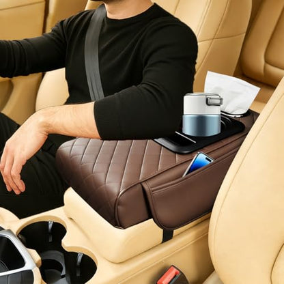 Car Center Console Armrest Box Mat, Nappa Leather Armrest Box Cover with Tissue Box, Cup Holder & Phone Holder, Middle Console Arm Rest Protection Pillow, Universal for Vehicles (Brown) - color: Brown