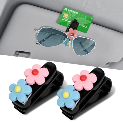 2PCS Flowers Car Sun Visor Sunglass Holder, Visor Sunglasses Clip, Multifunctional Sunglasses Holder and Ticket Card Clip, Car Sunglass Organizer for Different Size Glasses (Pink/Blue) - color: Pink/Blue