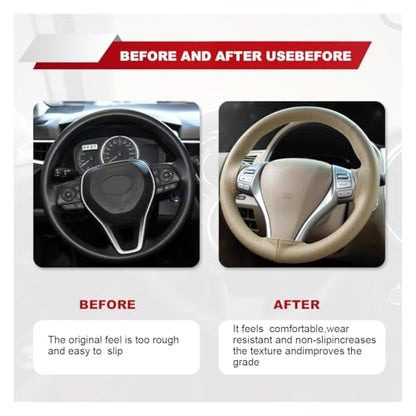 ZIMISI Genuine Leather Steering Wheel Cover, Anti-Slip Breathable Car Steering Wheel Stitching Wrap, DIY Sewing with Needle Thread, 15 Inch Stitch on Wrap Car Steering Wheel Cover (Beige, Hole) - color: Beige, size: Hole