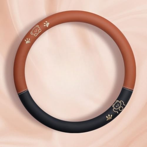 15 Inches Universal Round Leather Car Steering Wheel Cover, Cute Bear Soft Breathable Non-Slip Steering Wheel Protector Wrap (Chocolate) - color: Chocolate