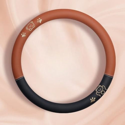 15 Inches Universal Round Leather Car Steering Wheel Cover, Cute Bear Soft Breathable Non-Slip Steering Wheel Protector Wrap (Chocolate) - color: Chocolate