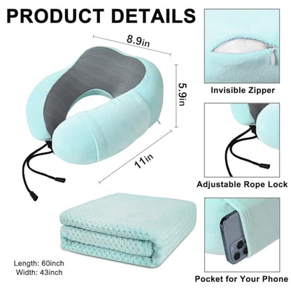 urnexttour Travel Pillow and Blanket Set Neck Pillows Soft Blankets with Sleep Mask Travel Essentials for Airplane Car Memory Foam Blue Green - color: B-blue Green