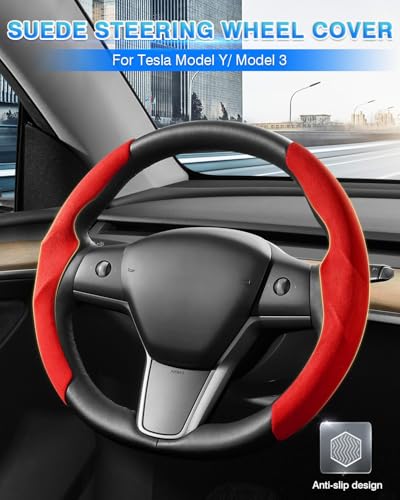 Shademax Custom-Fit for Tesla Steering Wheel Cover, Tesla Model Y/3 2017-2025 2026 (Fit Model Y Juniper 2026/ Model 3 Highland) Suede Steering Wheel Cover Non-Slip,Tesla Model Y/3 Accessories (Red) - color: Red