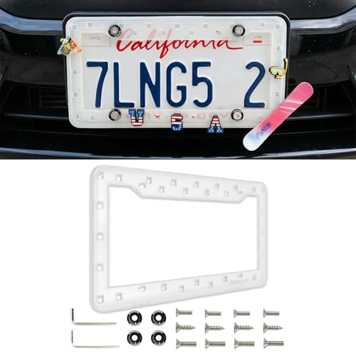 DIY Charm License Plate Frame Crystal Clear, 1-Pack Premium TPU License Plate Holder Compatible with Shoe Charms, Anti-Theft Stainless Steel Hardware Kit & Tools, Rattle-Proof Drainage Design - color: Clear, size: 1 PC