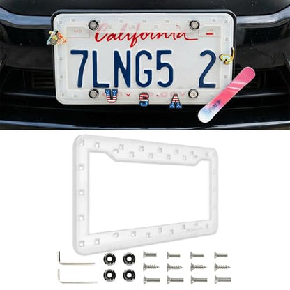 DIY Charm License Plate Frame Crystal Clear, 1-Pack Premium TPU License Plate Holder Compatible with Shoe Charms, Anti-Theft Stainless Steel Hardware Kit & Tools, Rattle-Proof Drainage Design - color: Clear, size: 1 PC