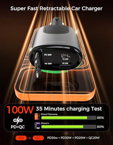 Retractable Car Charger, 100W Car Phone Charger with Cables Fast Charging,Cigarette Lighter USB Charger for iPhone 17 16 15 14 13 12 11 Galaxy Pixel,Travel Essentials Car Accessories Gifts for Him Her
