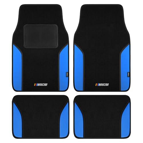 NASCAR Car Floor Mats, Carpet & Blue Leather Design Car Mats, Universal-Fit All-Weather Car Floor Mats with Built-in Heel Pad & Anti-Slip Backing, Durable Odorless Automotive Interior Accessories - color: Blue