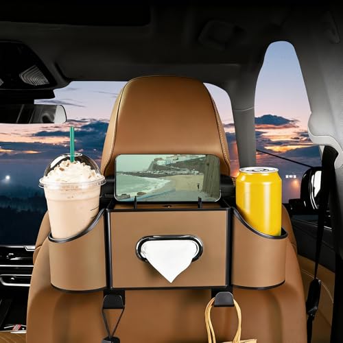 Back Seat Car Organizer,4 in 1 Multifunctional Car Back Seat Storage Box with Drink Cup Holder Tissue Box, for Hold Phone,Snacks, Drinks, Handbag-Light Brown - color: Light Brown