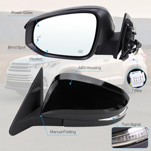 Left Driver Side Mirror Compatible With 2014-2019 Toyota Highlander With Manual Folding Power Glass Heated Turn Signal Blind Spot Black Replaces #87940-0E272 TO1320361 (7Pins) ﻿ ﻿ - color: Black, size: 7Pins-Left