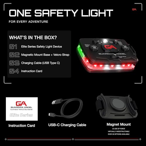 Guardian Angel Elite Series Safety Light (Red Front & Green Rear) - Rechargeable, Magnetic, Hands-Free Wearable/Mountable LED Light for Fire, Roadside, Security, Wireless Boat Navigation - color: Red/Green, size: 1-Pack