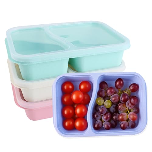 Finorder 4 Pack Wheat Straw Containers, Colorful 2 Compartment Reusable Snack Bento Box Toddler, Rectangle Meal Prep Food Containers for Adults Office and Travel - color: 3 Wheat Straw-4 pack