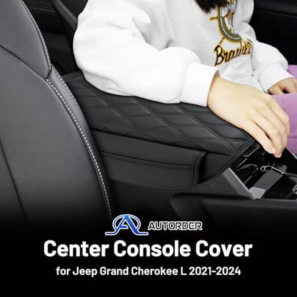 Autorder Center Console Cover for 2021-2025 2026 Jeep Grand Cherokee L Accessories Armrest Cushion Cover Nappa Leather Middle Console Covers Grand Cherokee L Console Cushion Pad Anti-Scratch - size: 21-26 Grand Cherokee L Armrest Cushion
