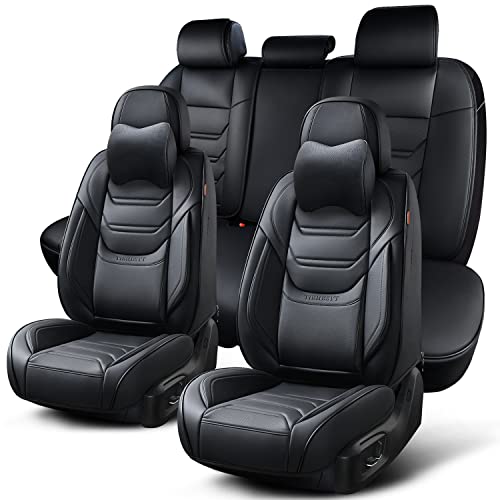TIEHESYT Black Car Seat Covers Full Set, Breathable Leather Automotive Front and Rear Seat Covers with Headrest, Waterproof Auto Seat Protectors Fit for Most Sedans SUV Pick-up Truck - color: Elegant Black, size: Front Pair and Rear